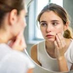a woman looking at her face in a mirror