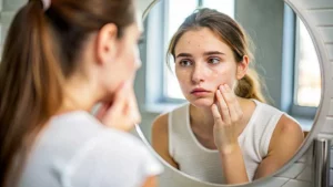 a woman looking at her face in a mirror